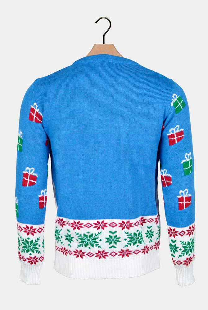Santa and Rudolph Light Blue Couple's Ugly Christmas Sweater