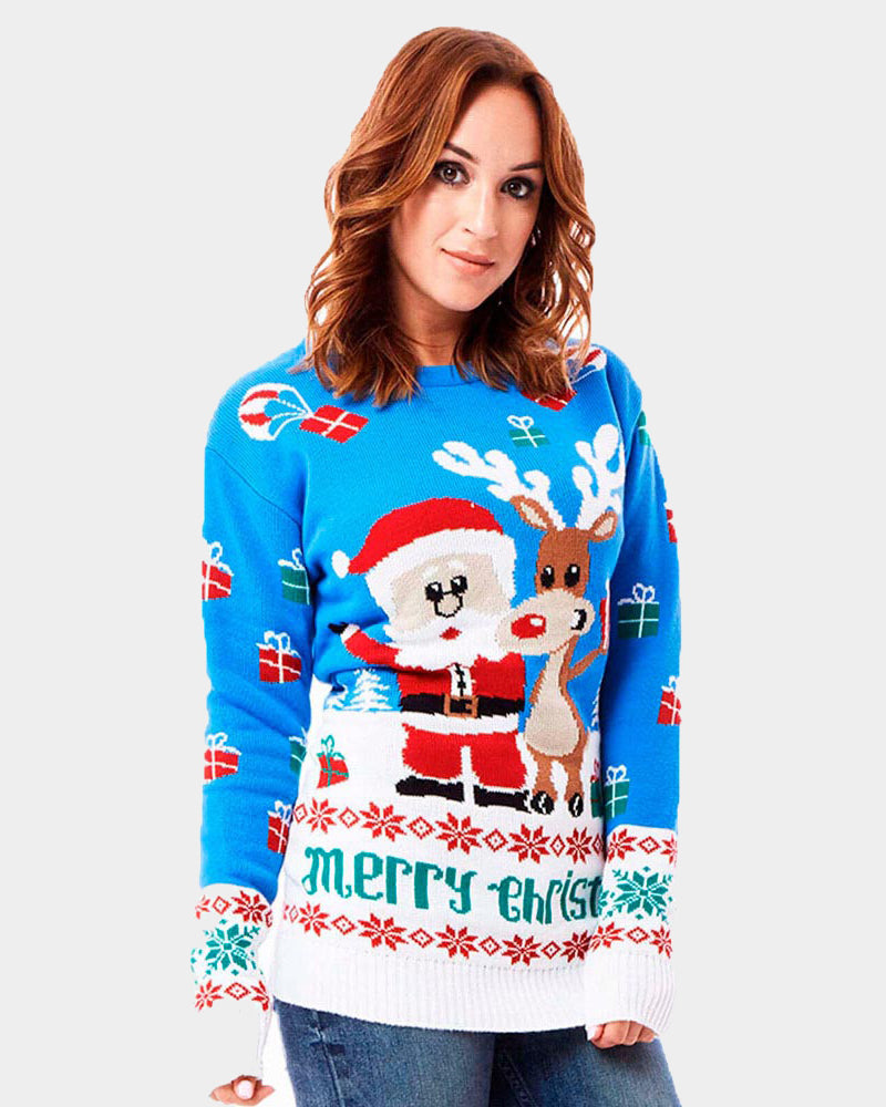 Light Blue Couple's Ugly Christmas Sweater with Santa and Rudolph Womens