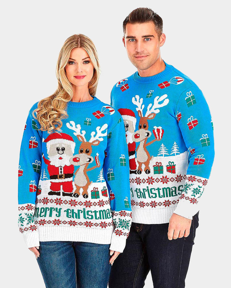 Light Blue Couple's Ugly Christmas Sweater with Santa and Rudolph