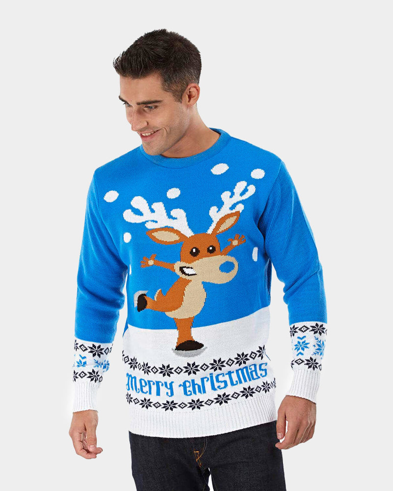 Mens Light Blue Couple's Ugly Christmas Sweater with skating Reindeer