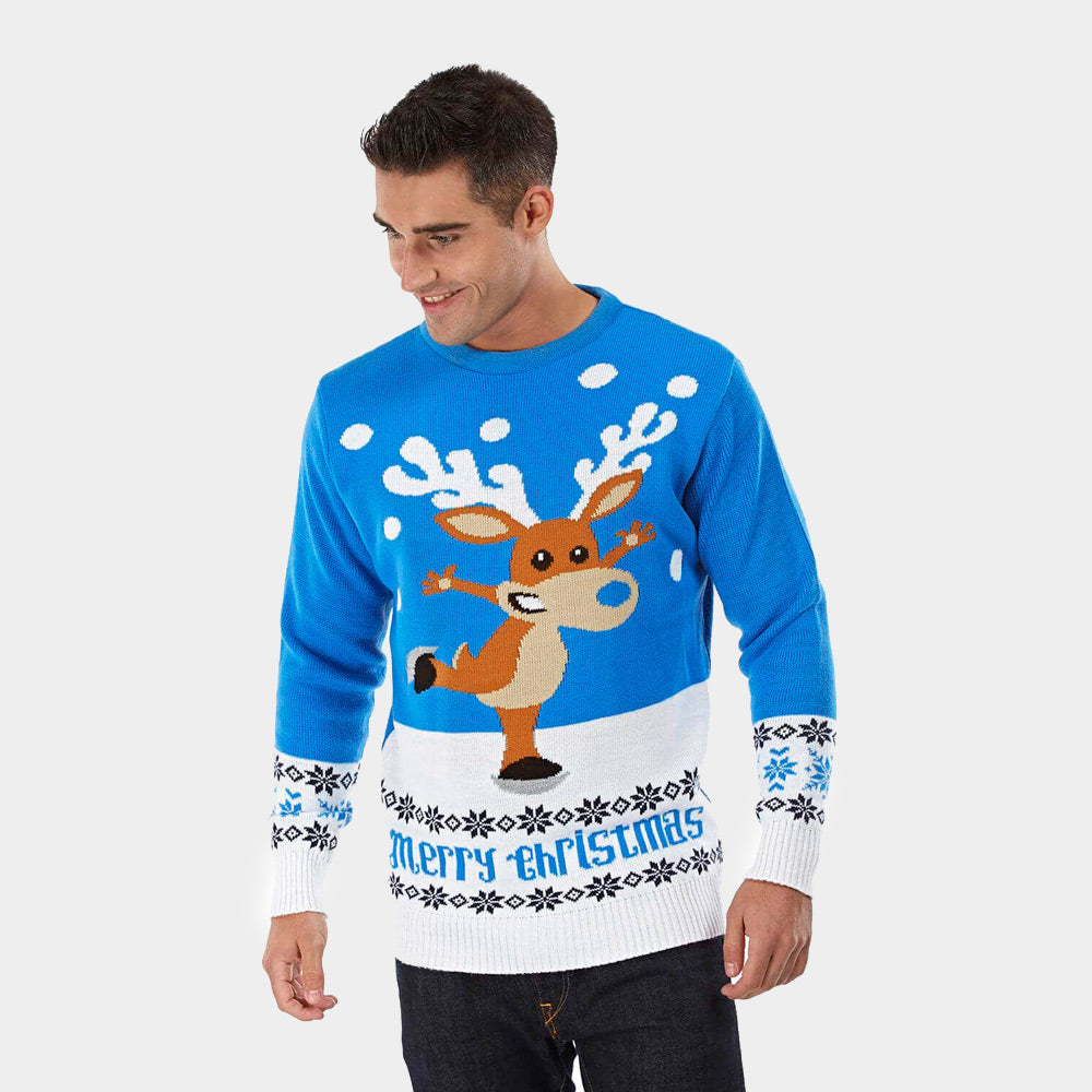 Mens Light Blue Couple's Ugly Christmas Sweater with skating Reindeer