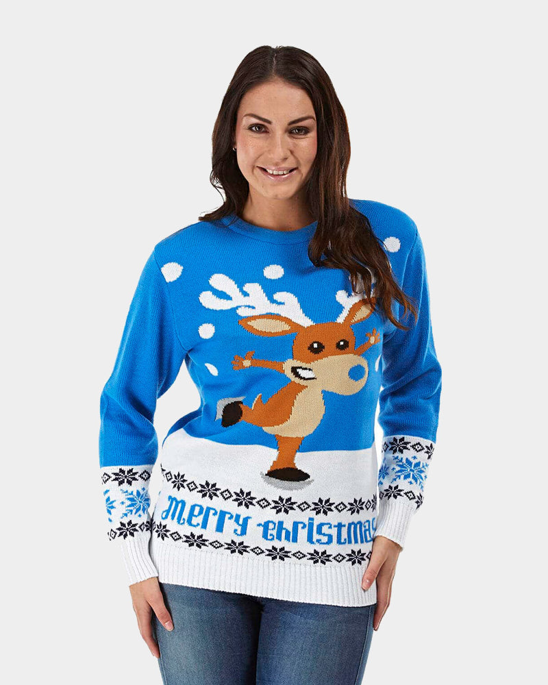Womens Light Blue Couple's Ugly Christmas Sweater with skating Reindeer