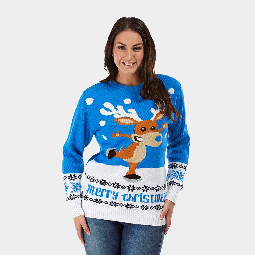 Womens Light Blue Couple's Ugly Christmas Sweater with skating Reindeer