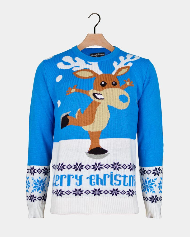 Light Blue Couple's Ugly Christmas Sweater with skating Reindeer