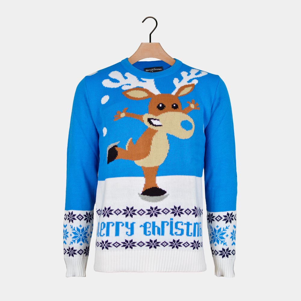 Light Blue Couple's Ugly Christmas Sweater with skating Reindeer