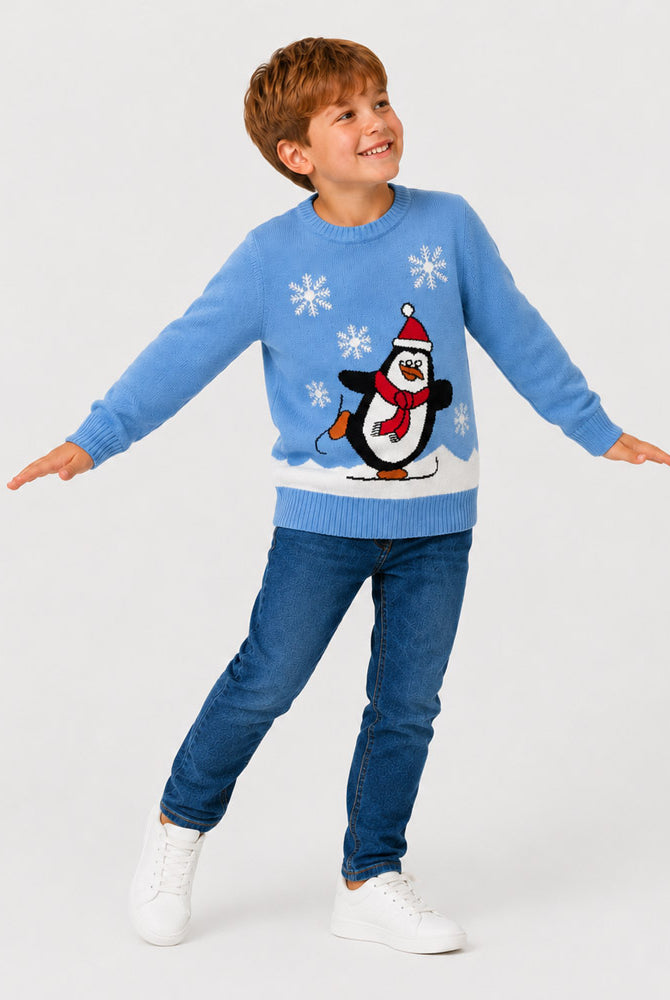 Light Blue Family Ugly Christmas Sweater with Penguin Boy