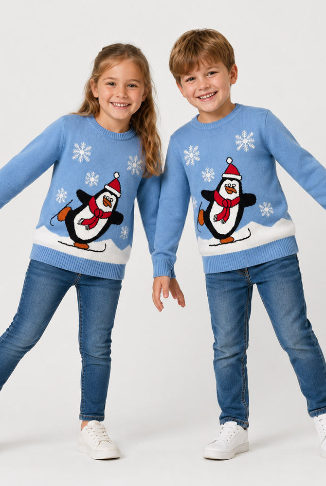 Light Blue Family Ugly Christmas Sweater with Penguin Children
