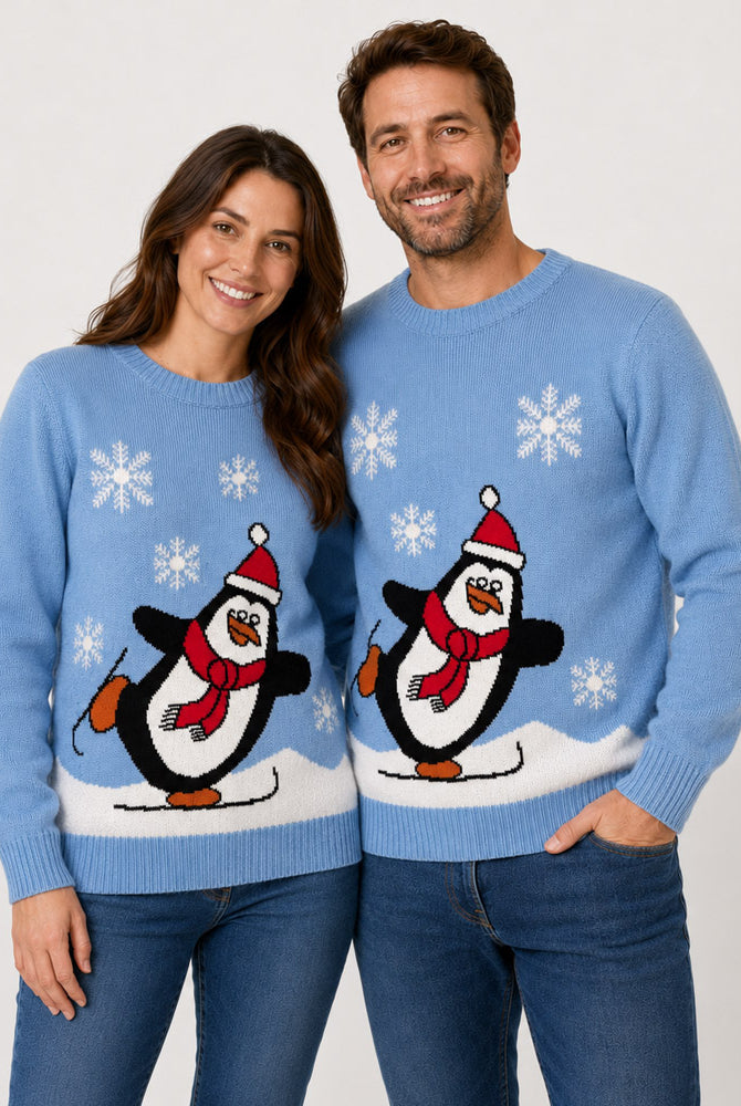 Light Blue Family Ugly Christmas Sweater with Penguin Couple