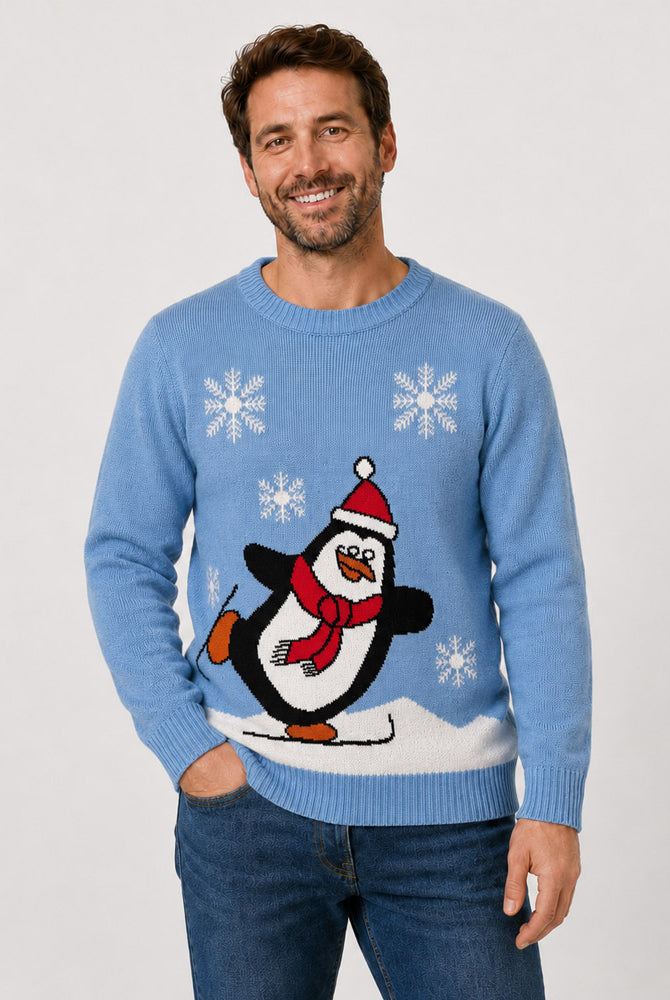 Light Blue Family Ugly Christmas Sweater with Penguin Men