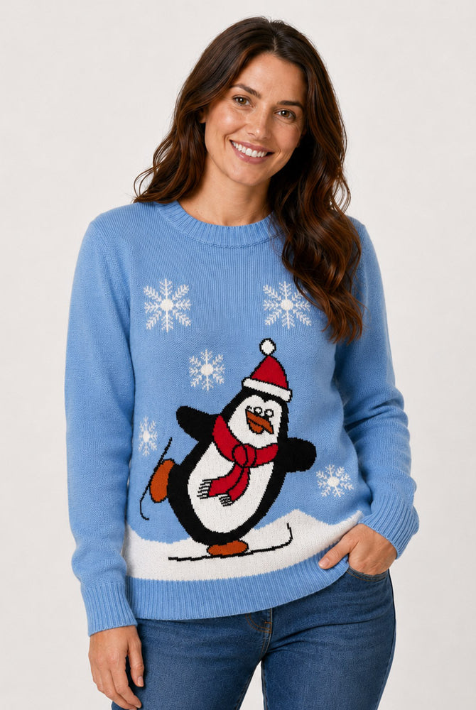Light Blue Family Ugly Christmas Sweater with Penguin Women