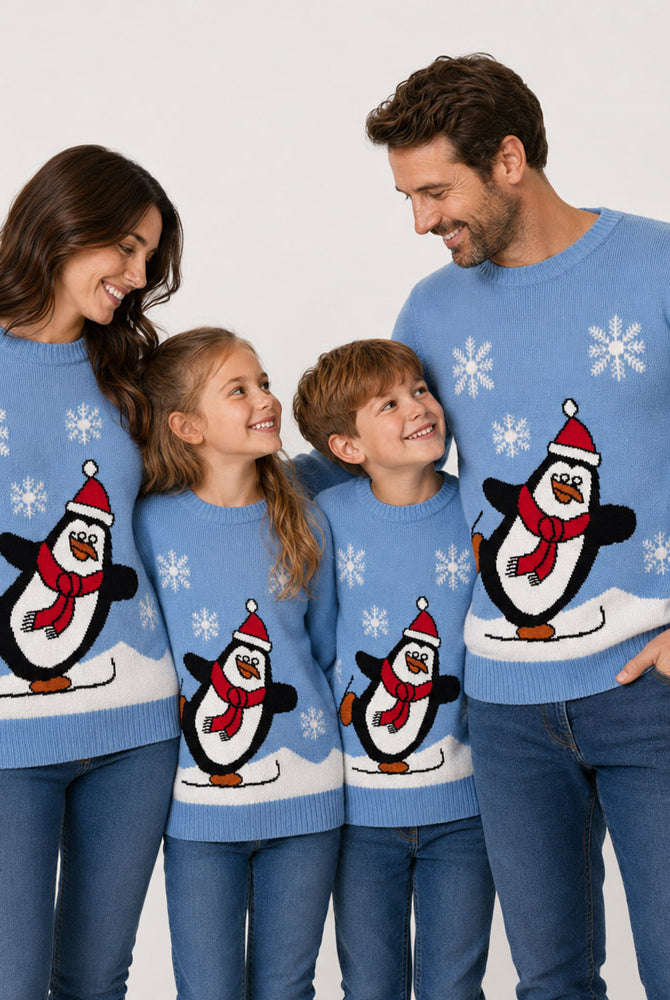 Light Blue Family Ugly Christmas Sweater with Penguin