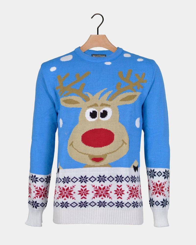 Light Blue Men's Ugly Christmas Sweater with Reindeer and Snow