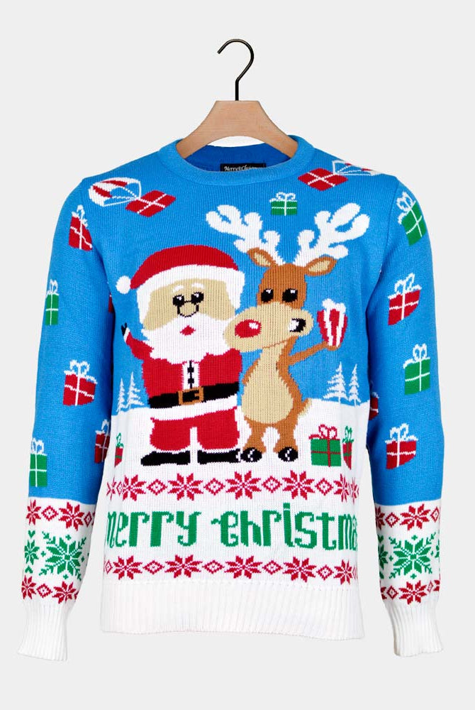 Light Blue Couple's Ugly Christmas Sweater Santa Rudolph