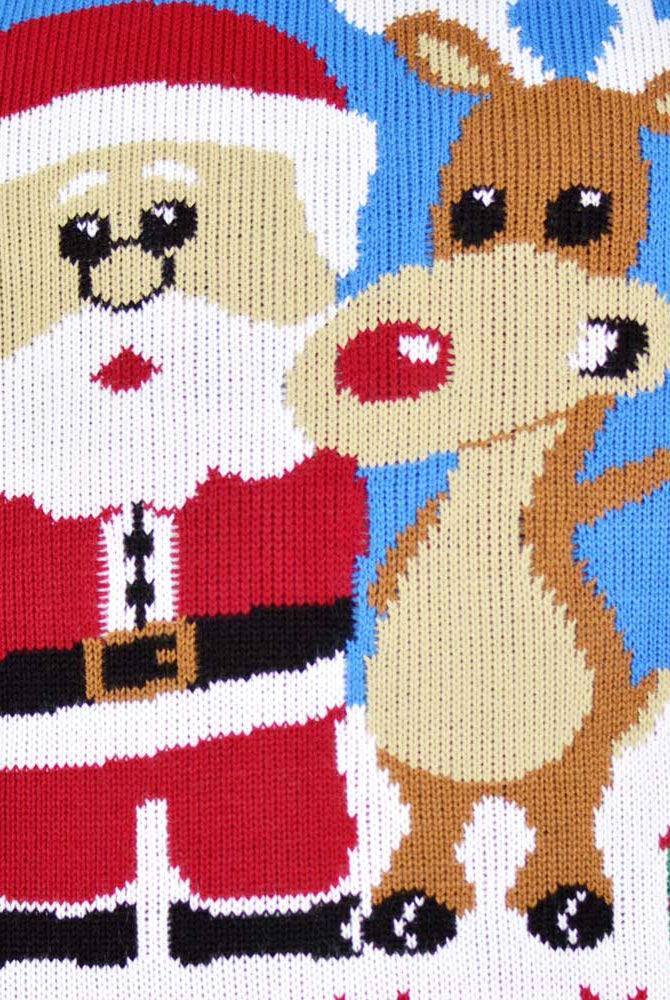 Detail Light Blue Women's Ugly Christmas Sweater with Santa and Rudolph