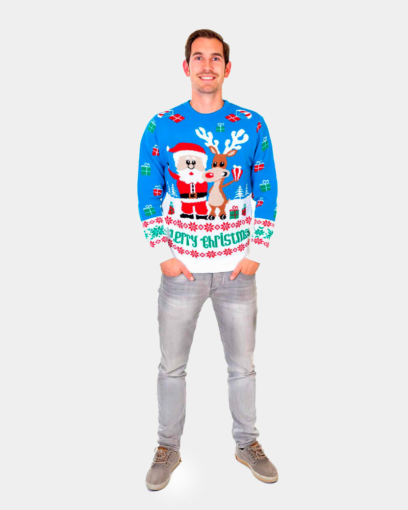 Light Blue Men's Ugly Christmas Sweater with Santa Rudolph