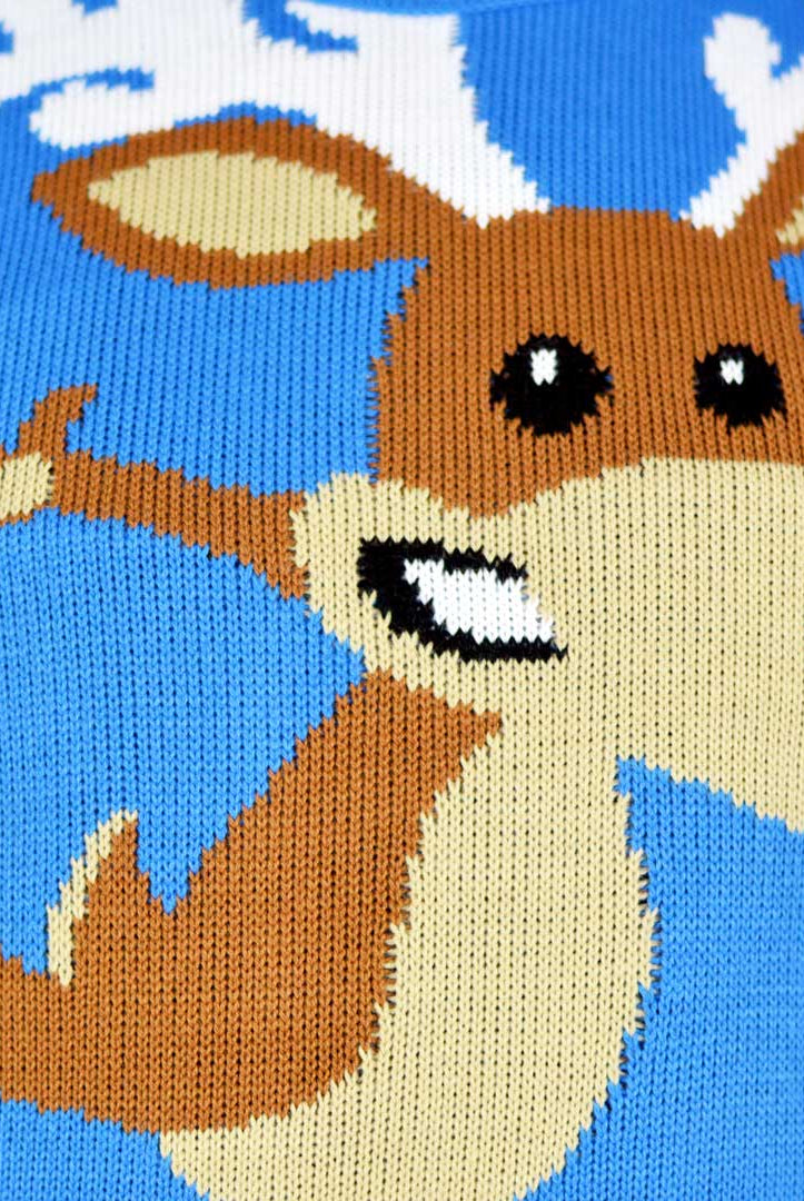 Light Blue Women's Ugly Christmas Sweater with skating Reindee Detail