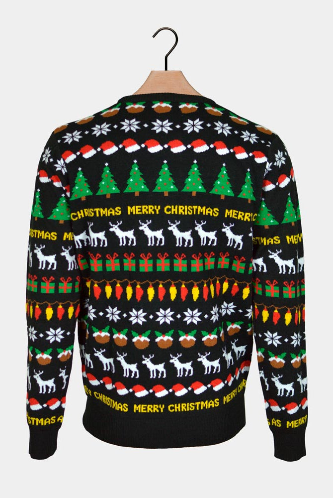 Trees, Reindeers and Gifts Black Men's Ugly Christmas Sweater