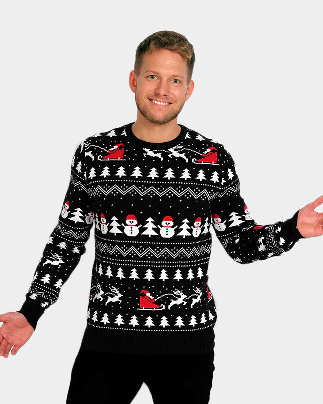 Mens Black Ugly Christmas Sweater with Trees, Snowmen and Santa