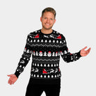 Mens Black Ugly Christmas Sweater with Trees, Snowmen and Santa
