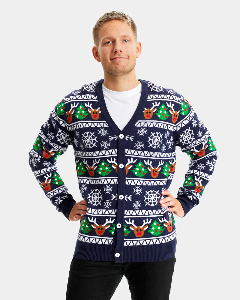 Mens Blue Cardigan Couple's Ugly Christmas Sweater with Reindeers and Trees