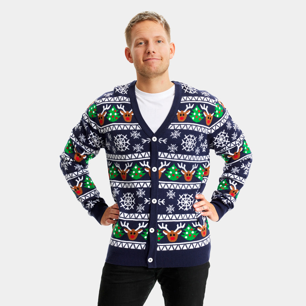 Mens Blue Cardigan Couple's Ugly Christmas Sweater with Reindeers and Trees