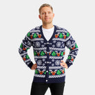 Mens Blue Cardigan Couple's Ugly Christmas Sweater with Reindeers and Trees