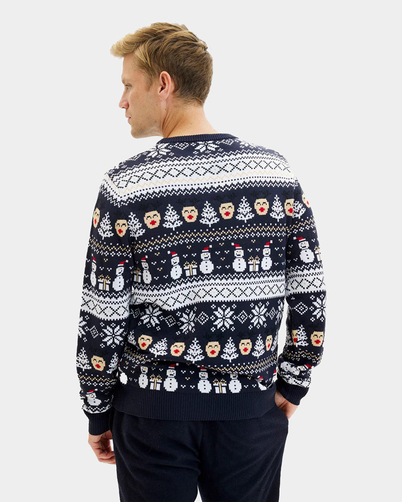 Blue Mens Couple's Ugly Christmas Sweater with Snowmen and Trees