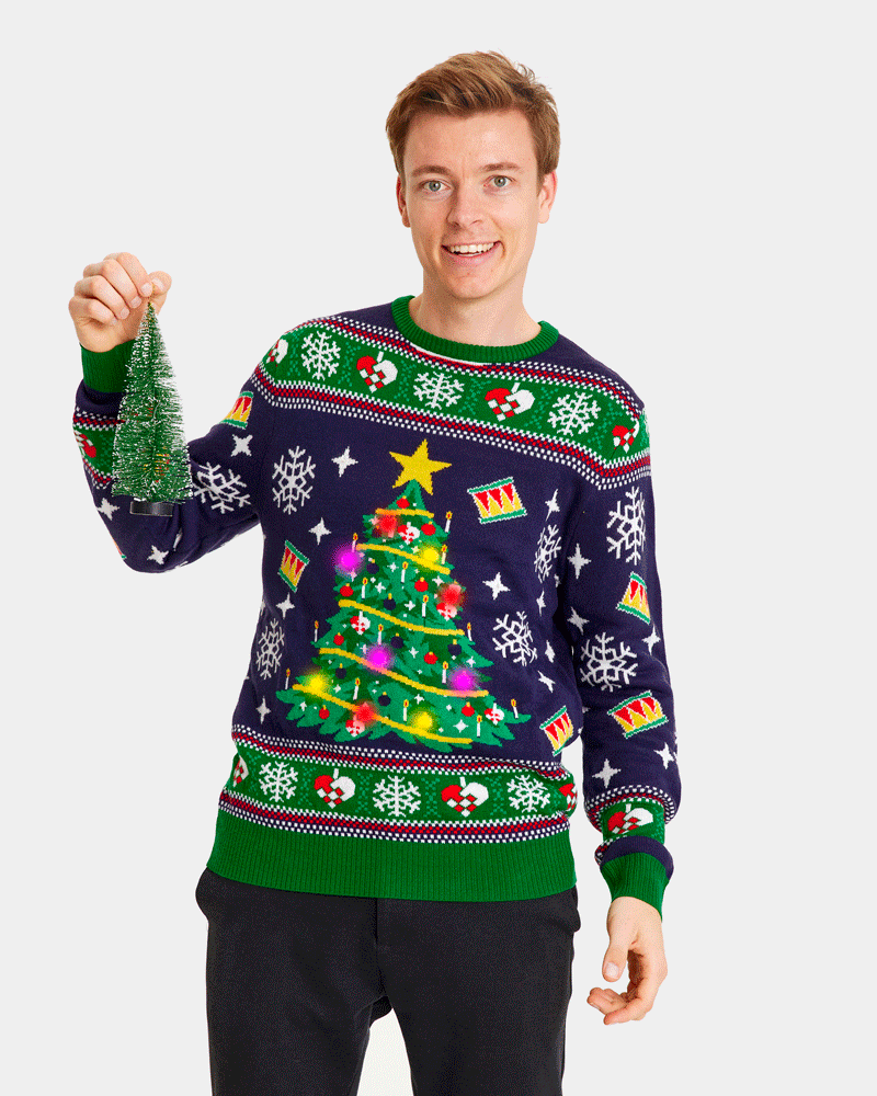 Blue LED light-up Couple's Ugly Christmas Sweater with Christmas Tree mens