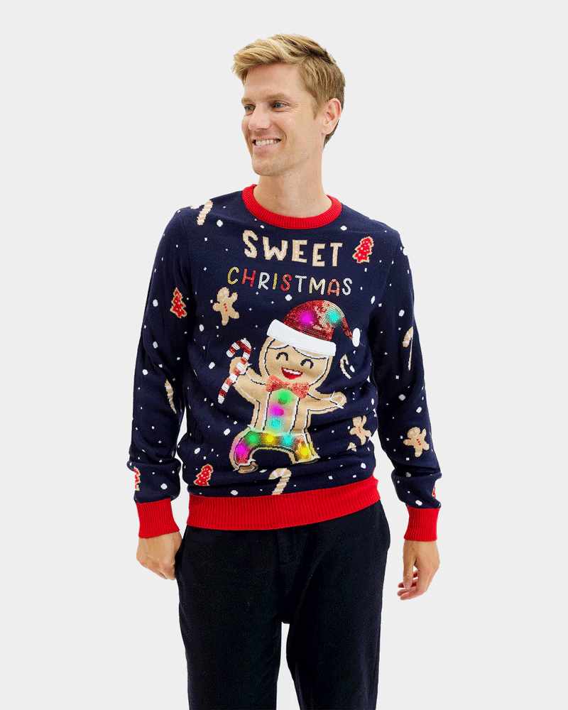 Blue LED light-up Mens Ugly Christmas Sweater Ginger Cookie