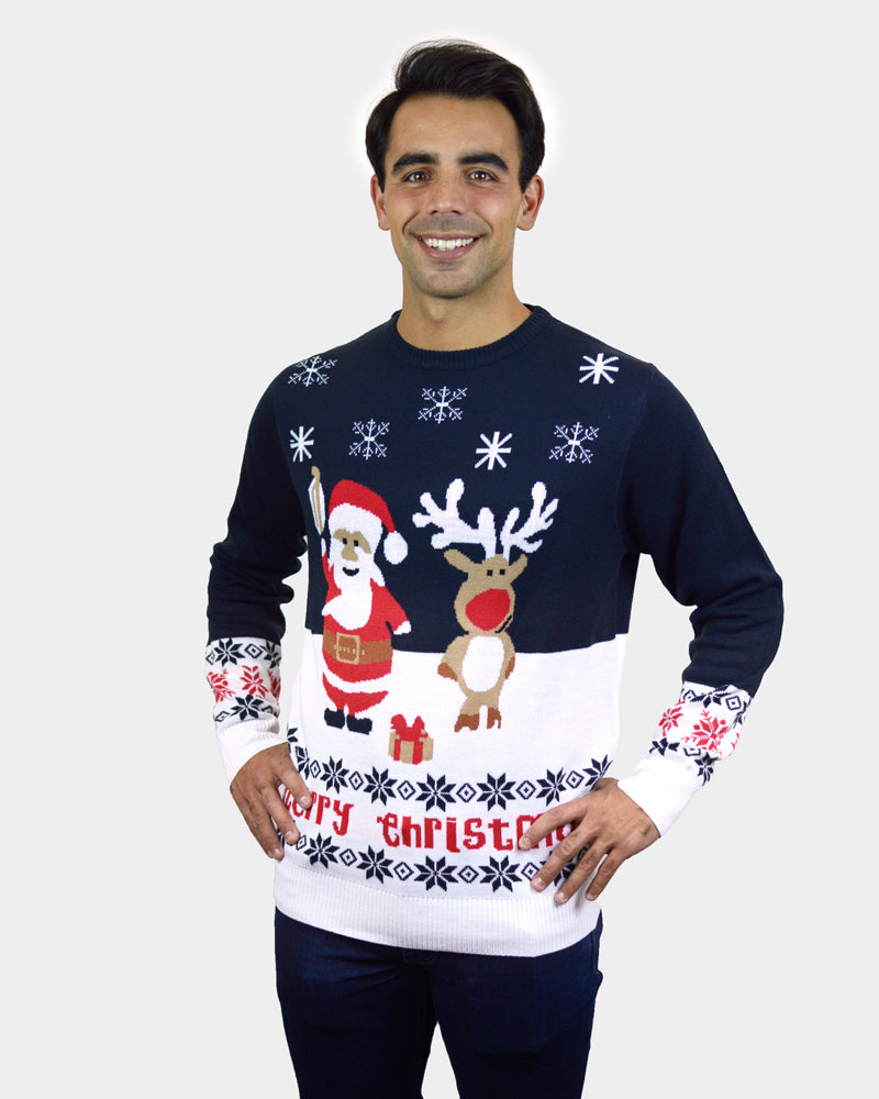Mens Blue Organic Cotton Couple's Ugly Christmas Sweater with Santa and Rudolph