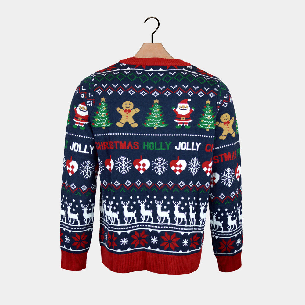 Mens Blue and Red Cardigan back Ugly Christmas Sweater