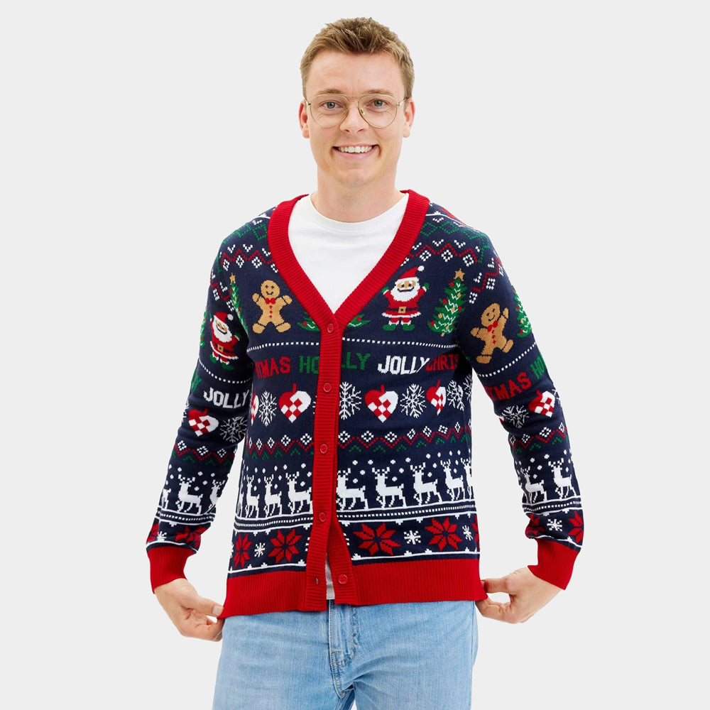 Men's Blue and Red Cardigan Ugly Christmas Sweater