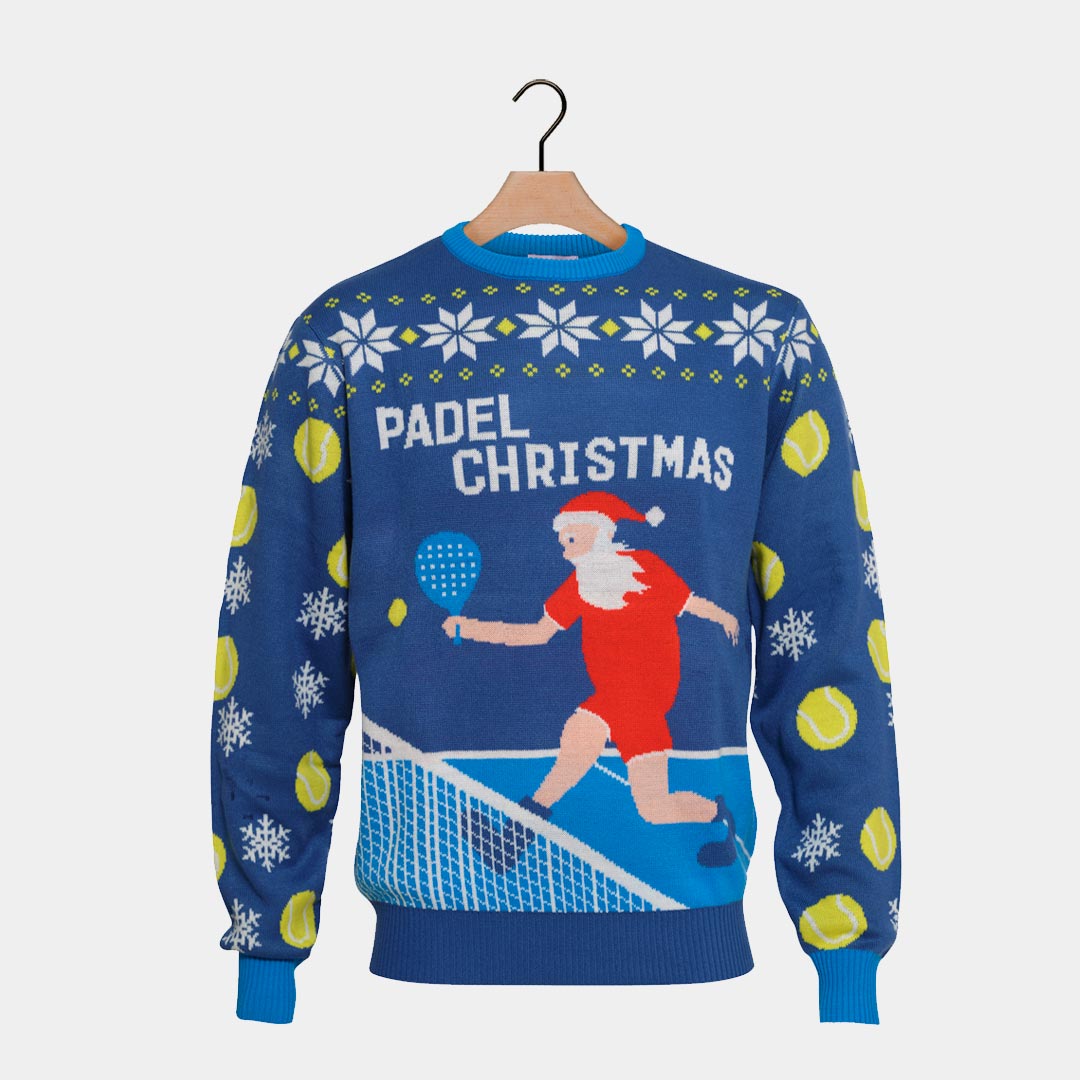 Blue Men's Ugly Christmas Sweater Santa playing Padel