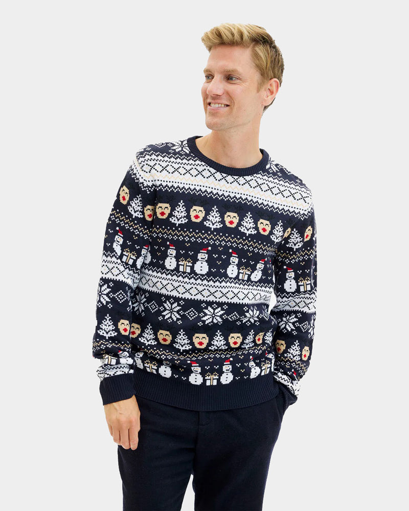 Mens Blue Ugly Christmas Sweater with Snowmen and Trees