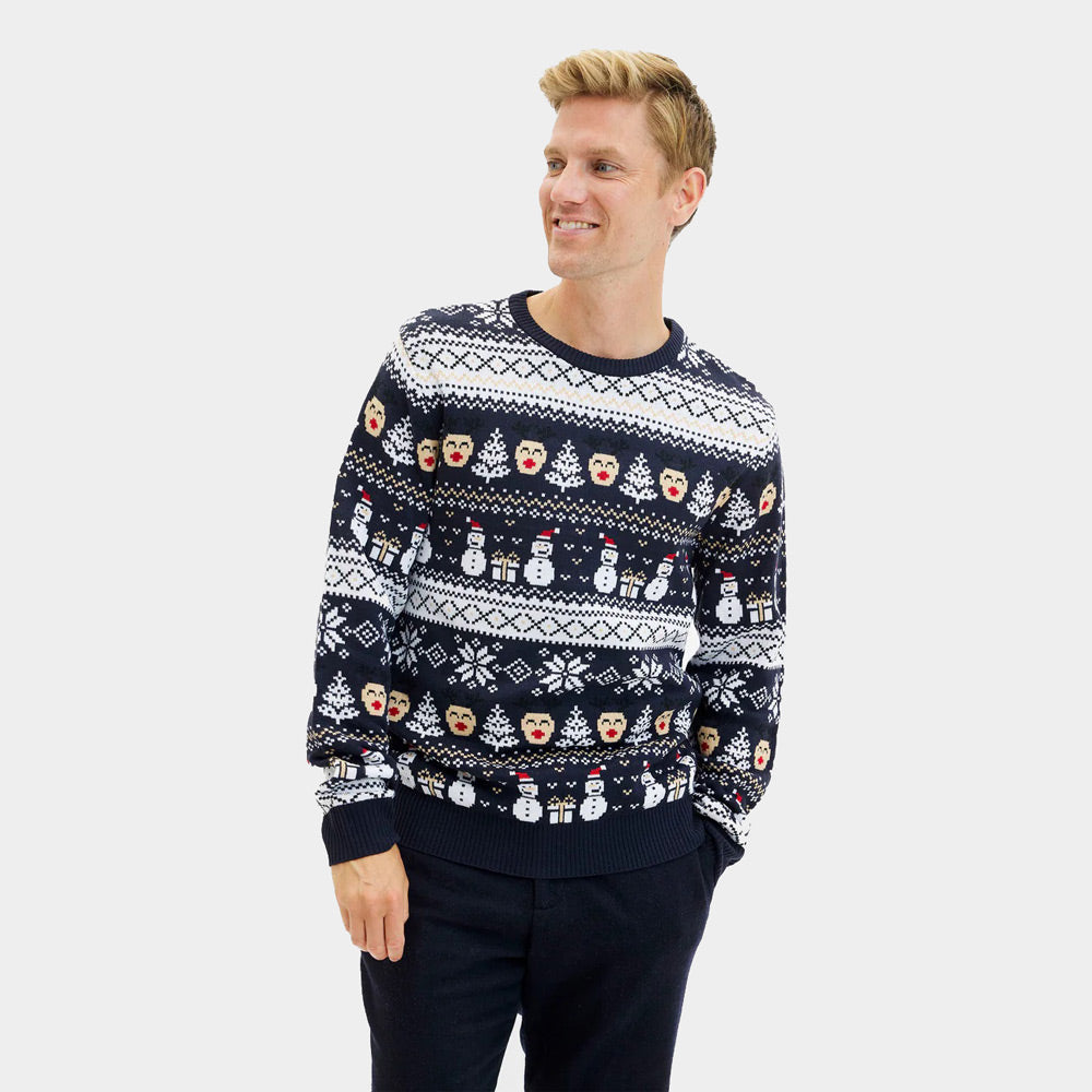 Mens Blue Ugly Christmas Sweater with Snowmen and Trees