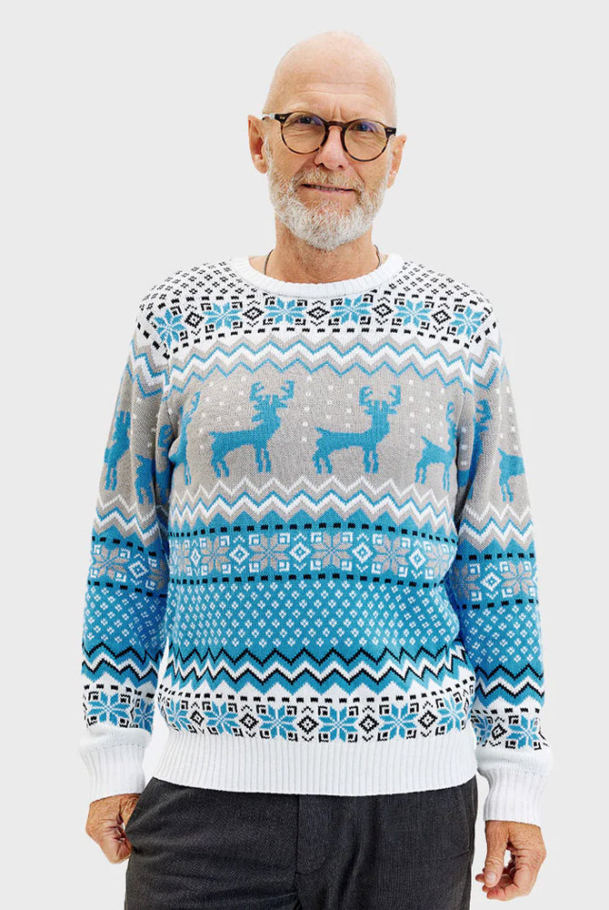 Classy White Mens Grey Blue Couples Ugly Christmas Sweater Reindeers