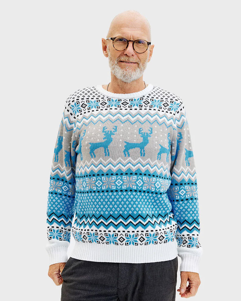 Classy White Grey Blue Mens Ugly Christmas Sweater Reindeers