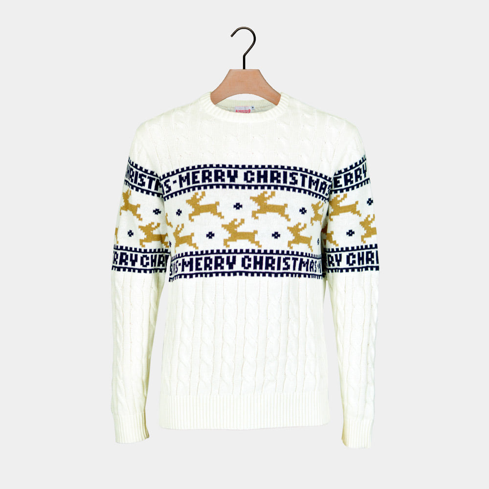 Classy White Organic Cotton Men's Ugly Christmas Sweater with Reindeers detail