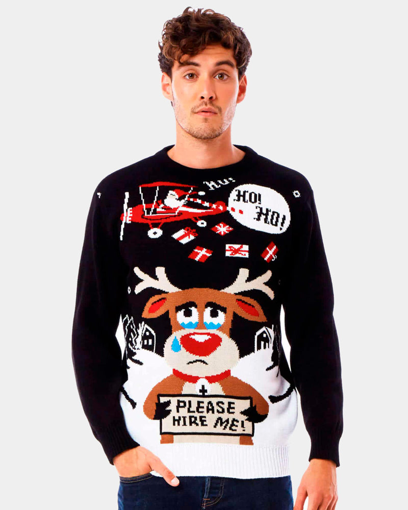 Mens Couple's Ugly Christmas Sweater with Reindeer looking for a Job