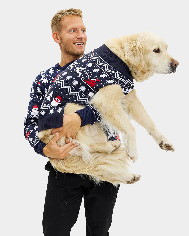 Mens Dog Ugly Christmas Sweater with Trees, Snowmen and Santa