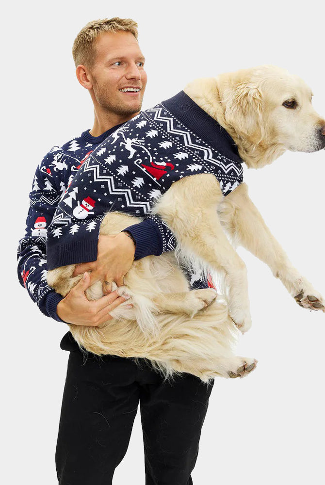 Mens Dog Ugly Christmas Sweater with Trees, Snowmen and Santa