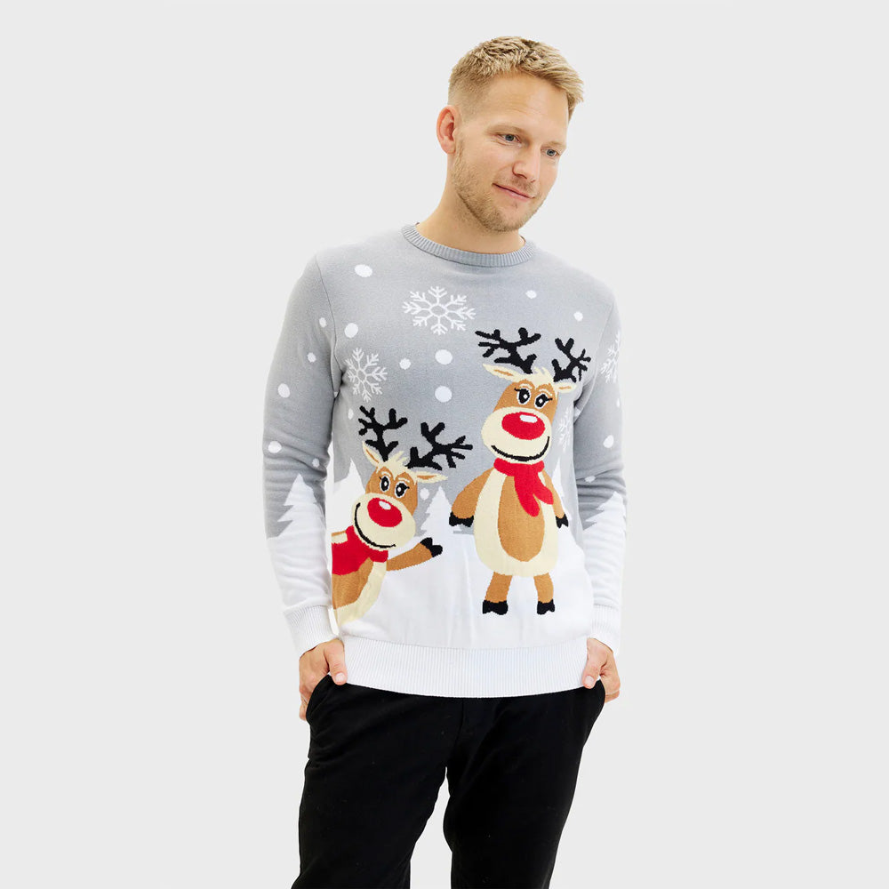 Grey Organic Cotton Cute Reindeers Mens Ugly Christmas Sweater