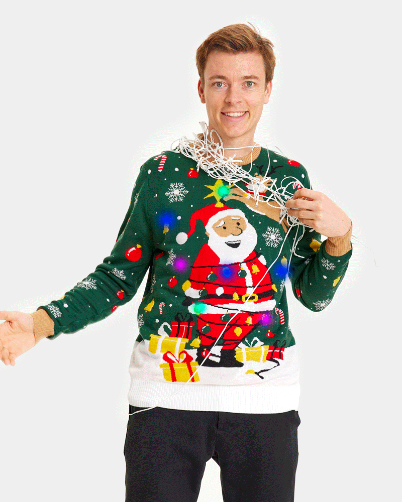 Mens LED light-up Couple's Ugly Christmas Sweater Santa Claus in a mess