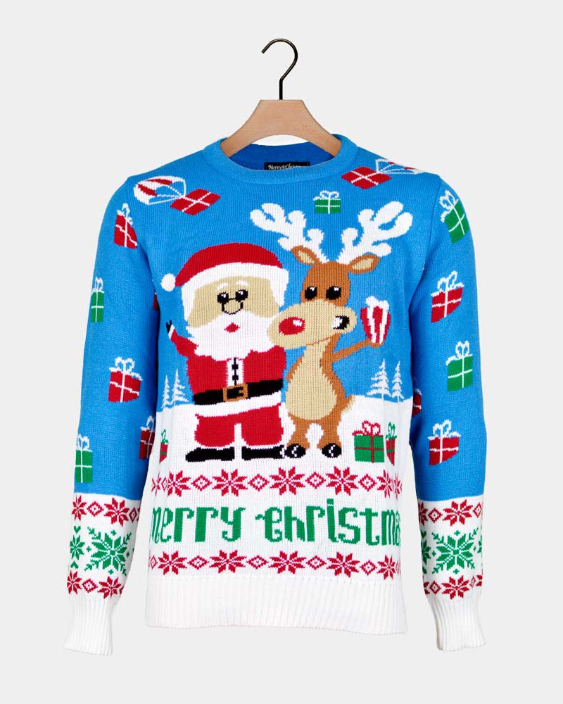Light Blue Ugly Christmas Sweater with Santa and Rudolph Mens