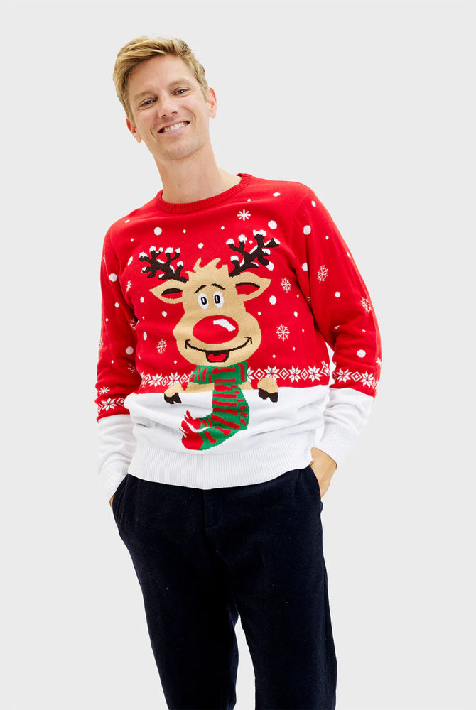 Organic Cotton Couple's Ugly Christmas Sweater Reindeer with Scarf mens