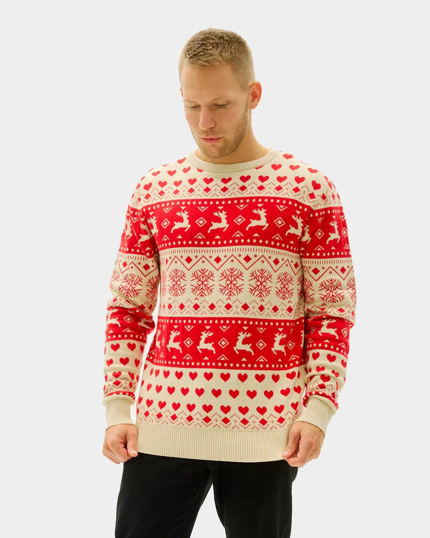Mens Red & Beige Organic Cotton Couple's Ugly Christmas Sweater with Hearts