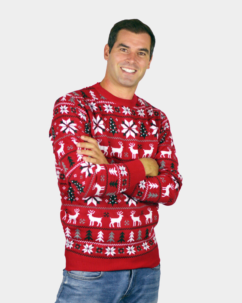 Red Children Mens Ugly Christmas Sweater with Reindeers, Trees and Polar Star