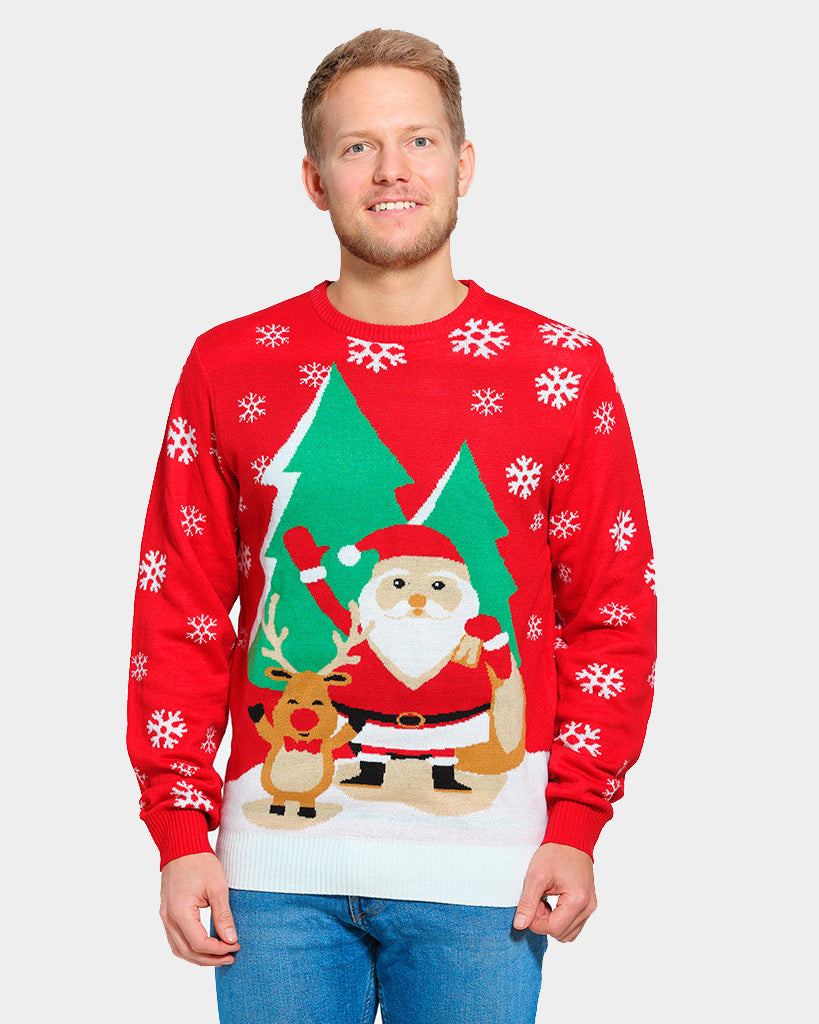 Mens Red Couple's Ugly Christmas Sweater with Santa and Reindeer Greeting