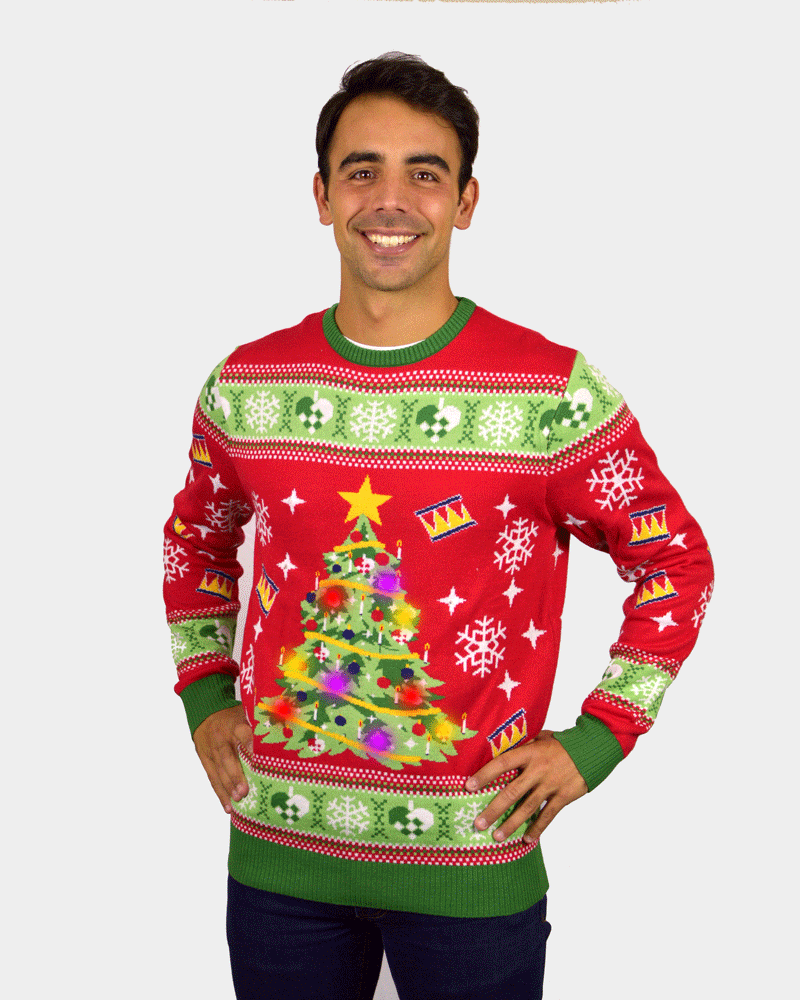 Red LED light-up Couple's Ugly Christmas Sweater with Christmas Tree mens