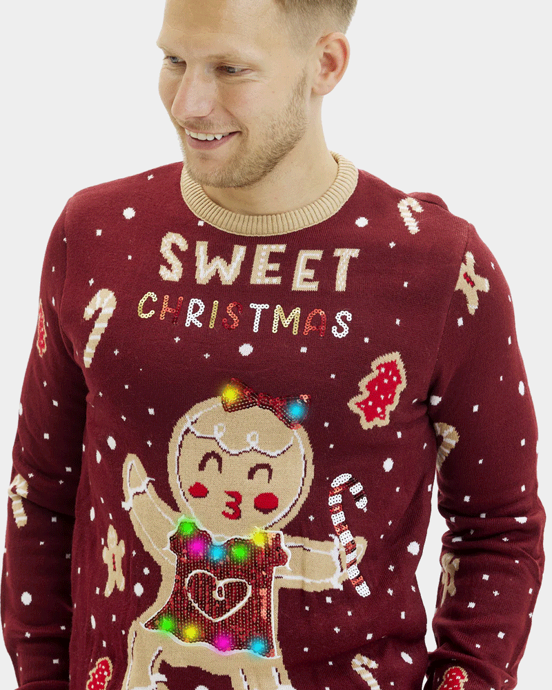 Red LED light-up Mens Ugly Christmas Sweater with Ginger Cookie